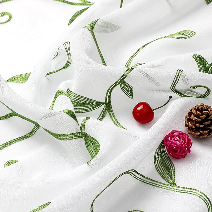 VISIONTEX Embroidered Green Sheer Voile Curtains, Leaves Embroidery Faux Linen Rod Pocket Window Drapes for Living Room and Girls Bedroom 54 x 84 Inch, Set of 2 Curtain Panels