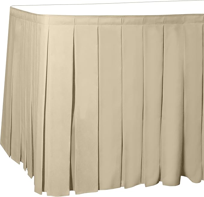 Ultimate Textile Pleat Polyester Fabric Table Skirt - Machine Washable Flame Resistant with Clips for Events, Weddings & Trade Shows, Cut & Sewn in Paterson, NJ - Tan, 17' Box Pleat