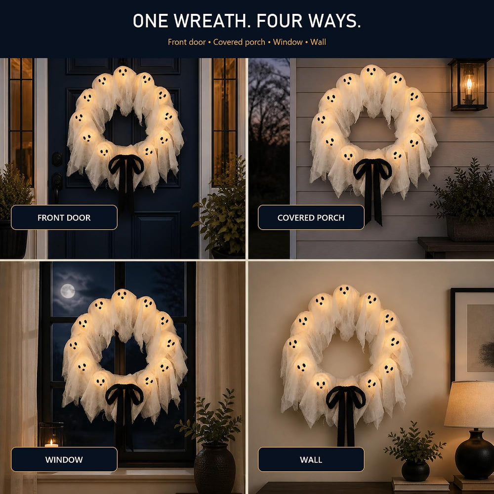 Ghost Wreath, Front Door Halloween Decor, 22-Inch Lit with Remote and Timer