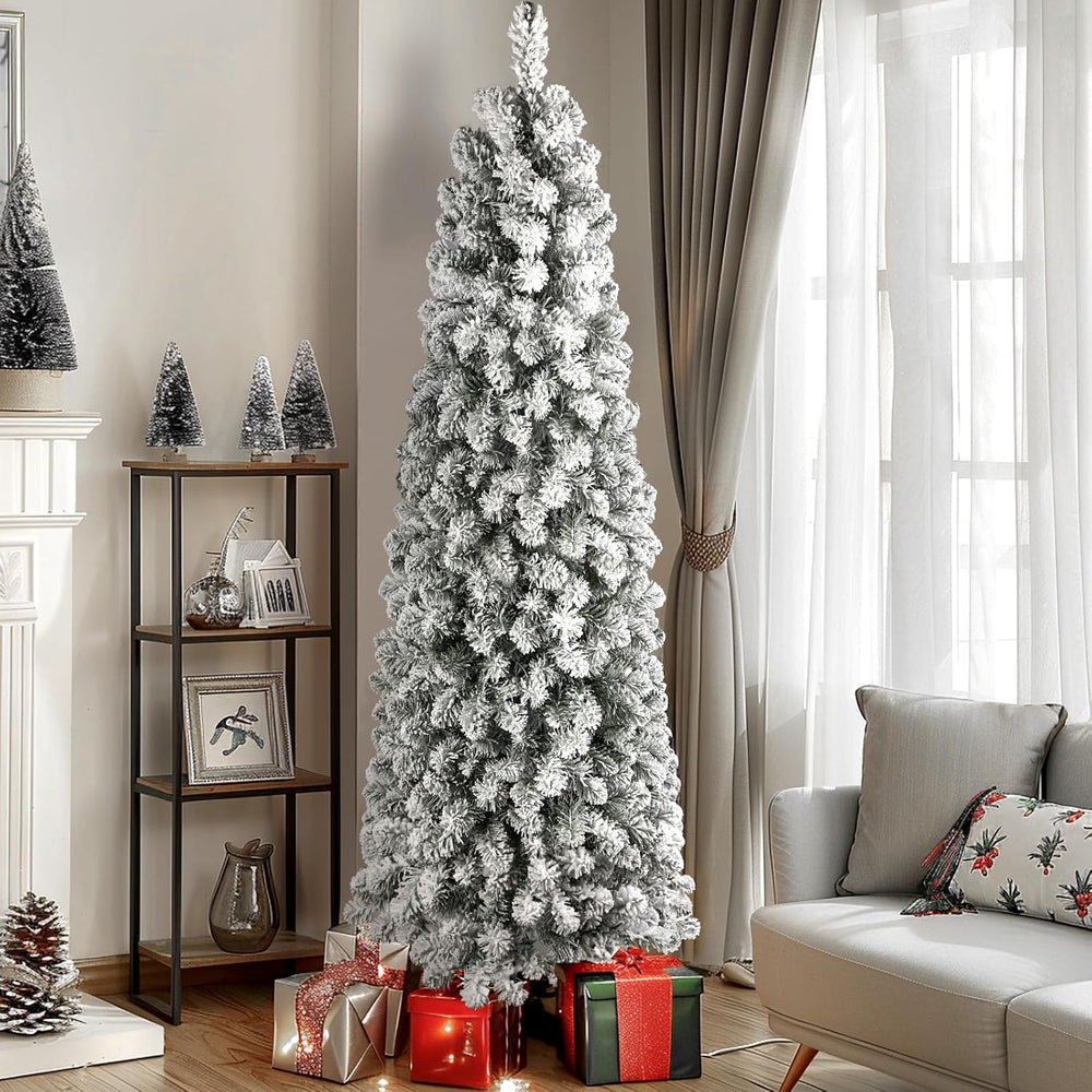 SHareconn 7ft Prelit Snow Flocked Artificial Slim Pencil Christmas Tree