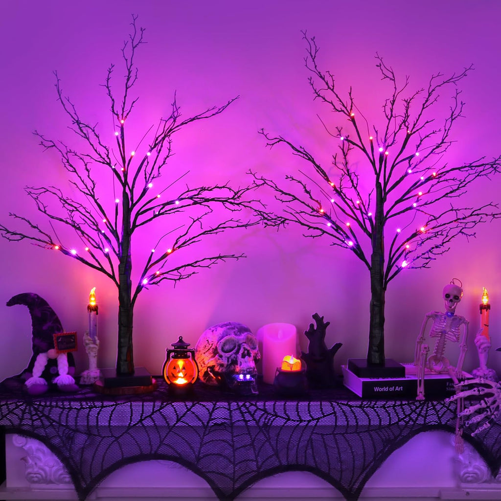 [Timer] 2 Pack Halloween Decorations Indoor, 24 Inch Lighted Black Halloween Tree with 24 Orange & Purple Lights, USB or Battery Powered Spooky Tabletop Tree for Home, Party, Fireplace & Holiday Decor
