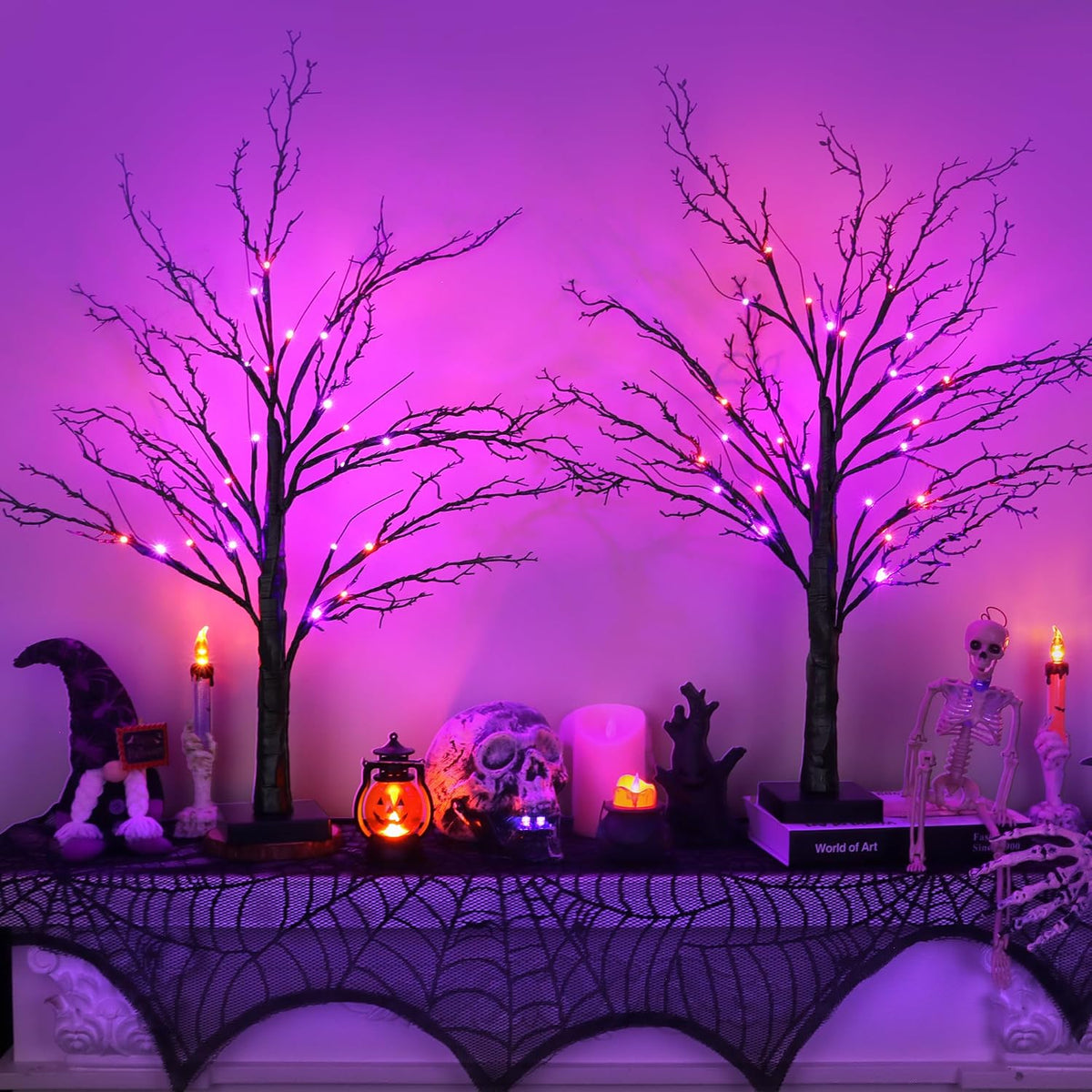 [Timer] 2 Pack Halloween Decorations Indoor, 24 Inch Lighted Black Halloween Tree with 24 Orange & Purple Lights, USB or Battery Powered Spooky Tabletop Tree for Home, Party, Fireplace & Holiday Decor