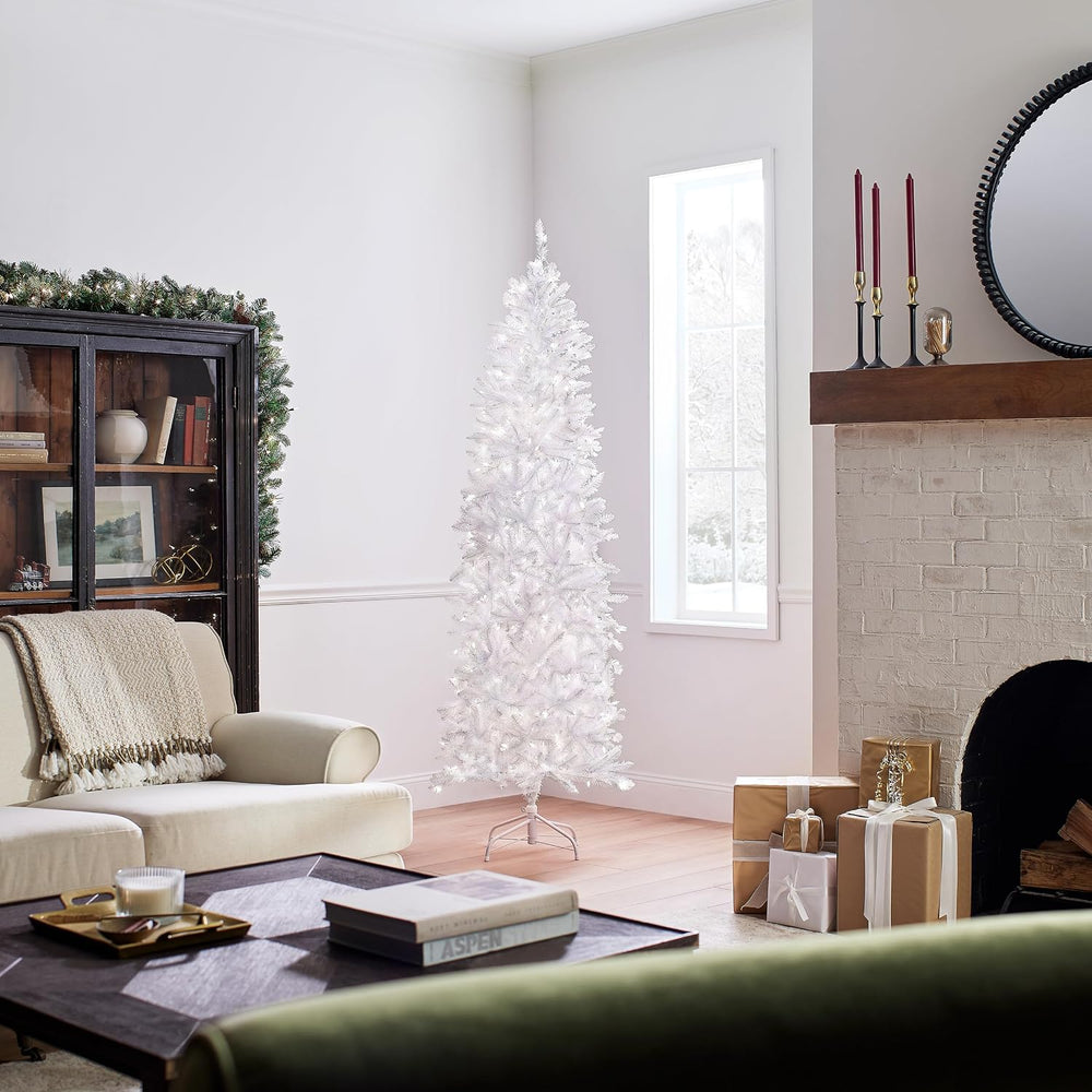 National Tree Company 7ft Pre-Lit Kingswood Fir Slim Christmas Tree, White