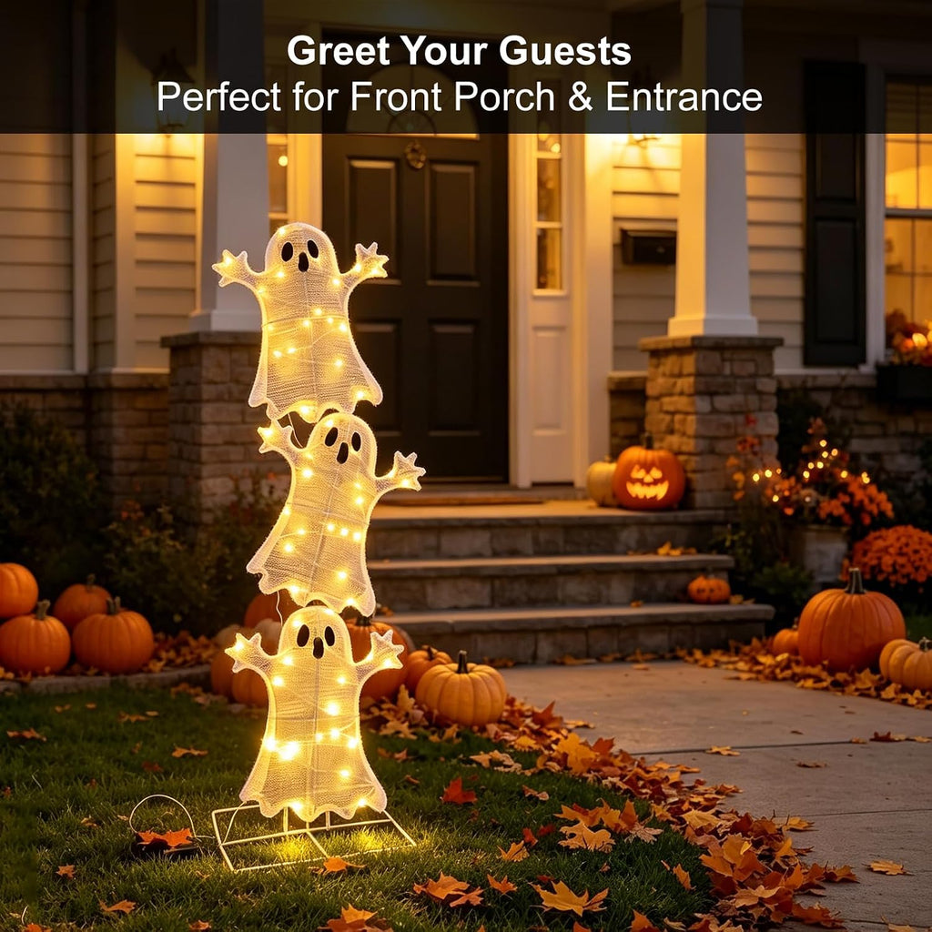 halloween decorations lighted 3 stacked ghosts, freestanding led shown in use