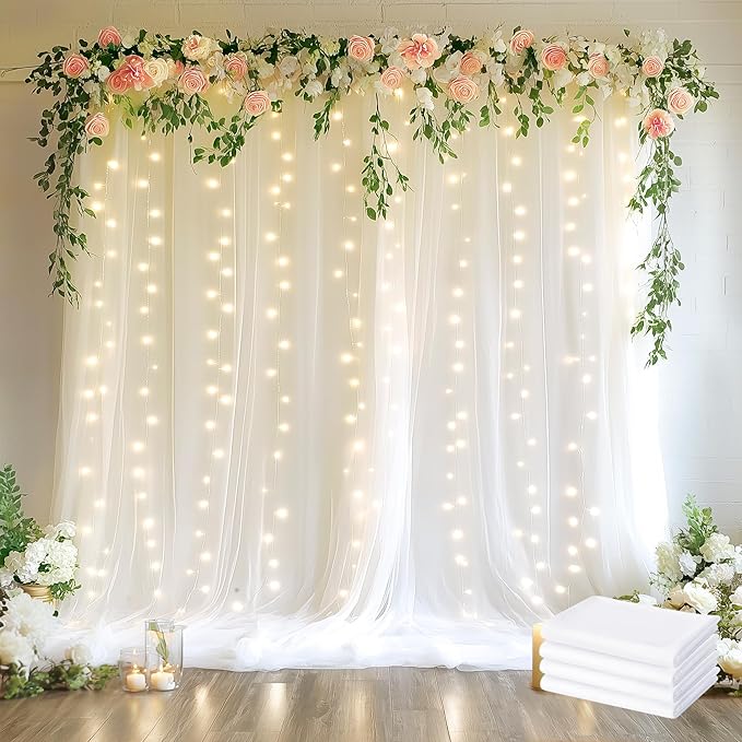 Fomcet Tulle Curtains with Lights String White 20FT X 8FT Sheer Backdrop Curtains for Parties Wedding Baby Shower Photo Shoot Decorations (4 Panels 5 x 8FT)