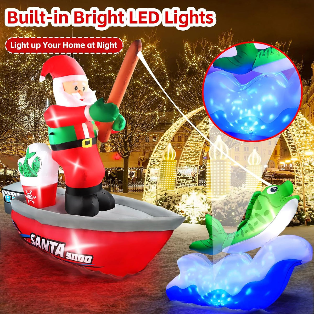 kalolary 15ft long christmas inflatables fishing santa claus, close-up detail