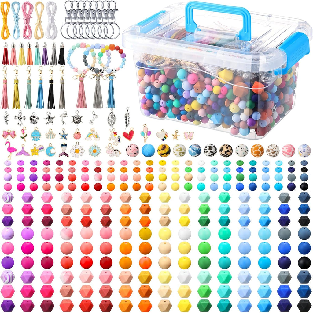 Hotop 636 Pcs Silicone Beads for Keychain Making Kit, 12mm15mm Round 14mm17mm Polygonal Silicone Rubber Beads for Keychain DIY Necklace Bracelet Jewelry Making Supplies
