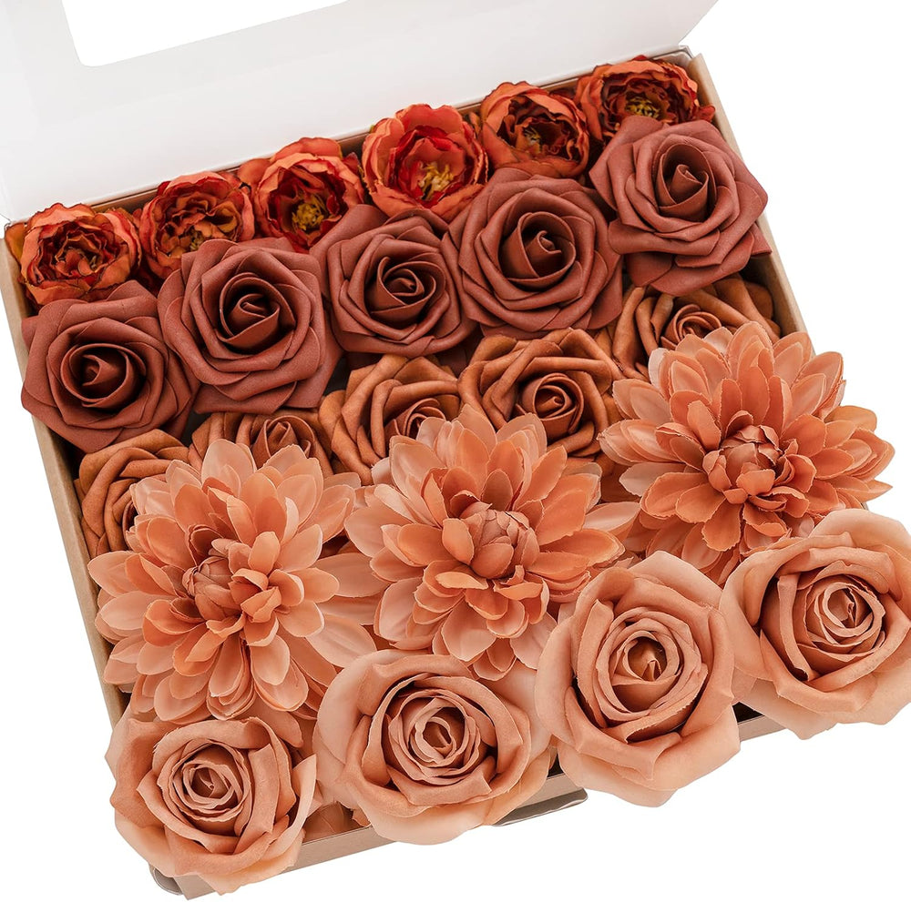 Ling's moment Artificial Flowers Fake Silk Dahlia Faux Foam Rose Terracotta