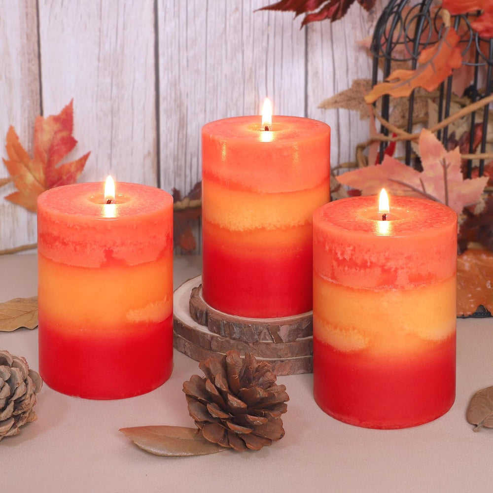3x4 Inch Pillar Candles 3 Pack Rustic Orange Handmade Layered Clean Burning P...