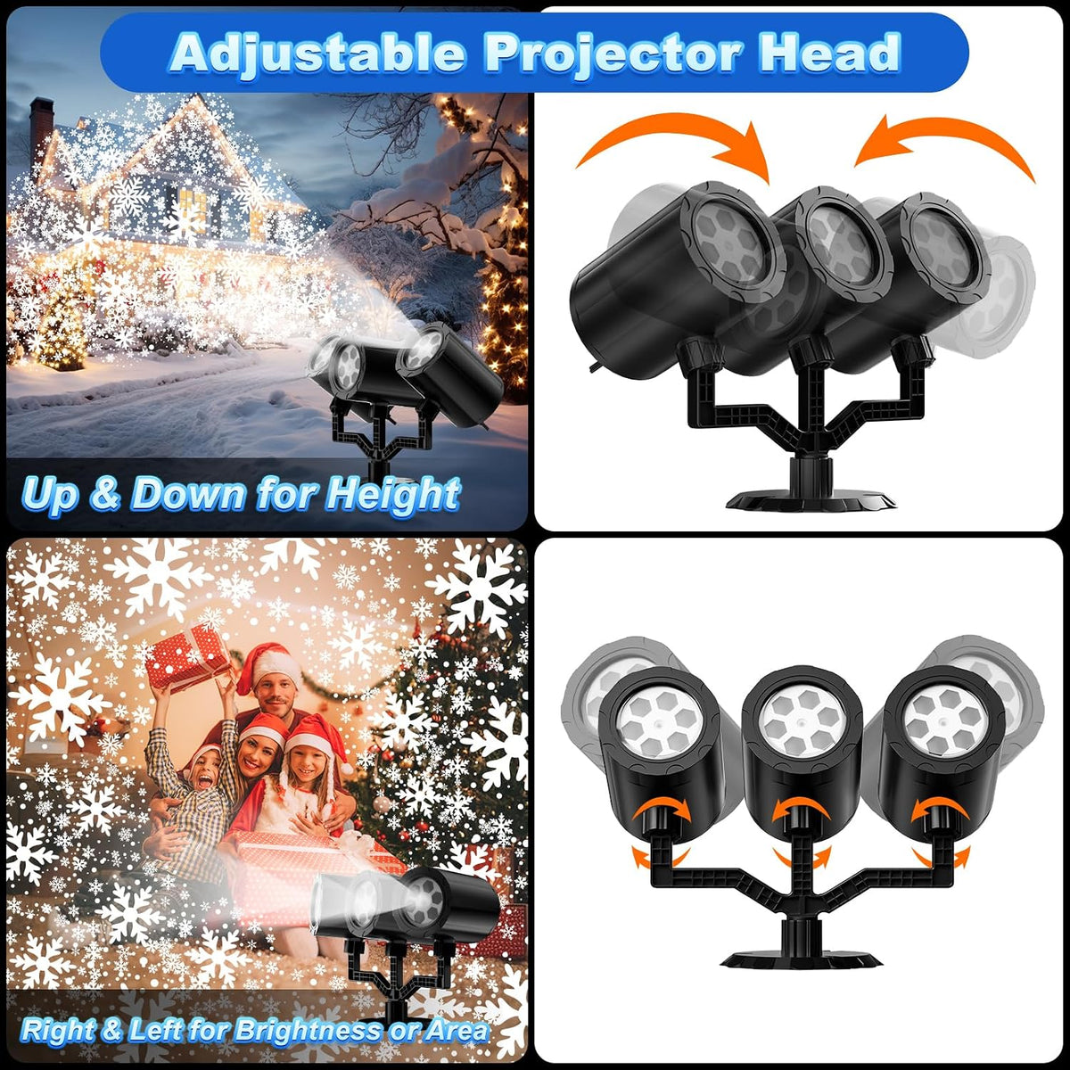 Christmas Projector Lights Outdoor, 2025 Upgraded Triple Head Snowflake Projector High Brightness, Led Dynamic Rotating Snowfall Projection IP65 Waterproof with 16.4ft Cord for Yard Houses Party Decor