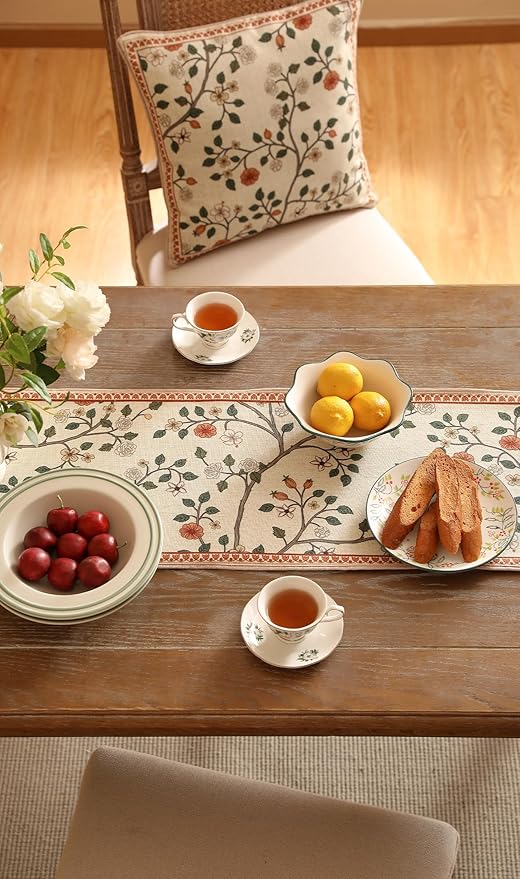 ISAENNE Designer Elegant Linen Floral Table Runner 71 Inches Long,Farmhouse Light Beige Durable Decor Table Runners for Dining Tables,Thanksgiving,Kitchen Tables,Christmas,12"*71"-Flora A