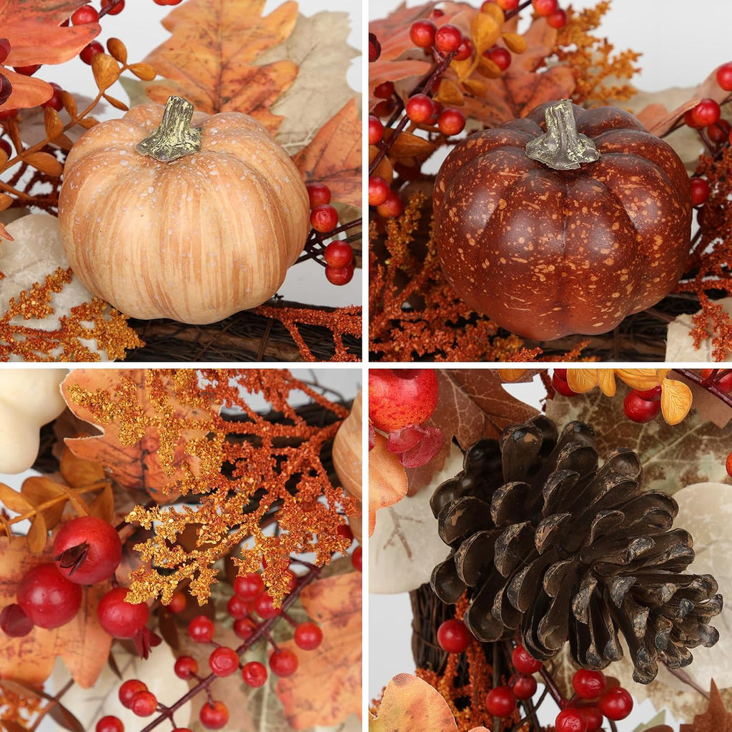 22" artificial fall wreath for front door autumn, close-up detail