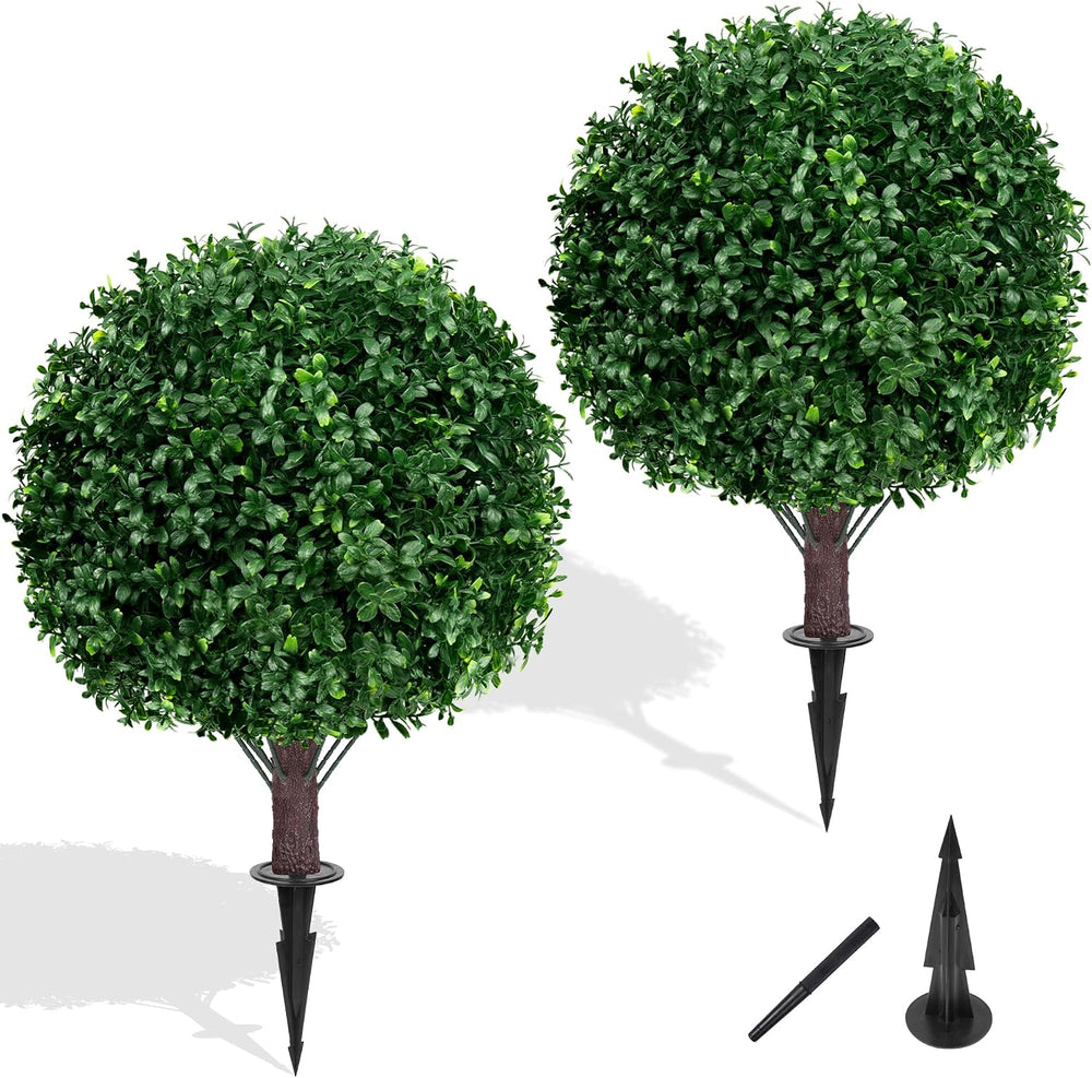 23" Artificial Boxwood Topiary Shrubs Set of 2 with Ground Spike