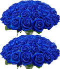 50 PCS Bulk Royal Blue Artificial Flowers, Fake Velvet Blue Roses W/ Stems