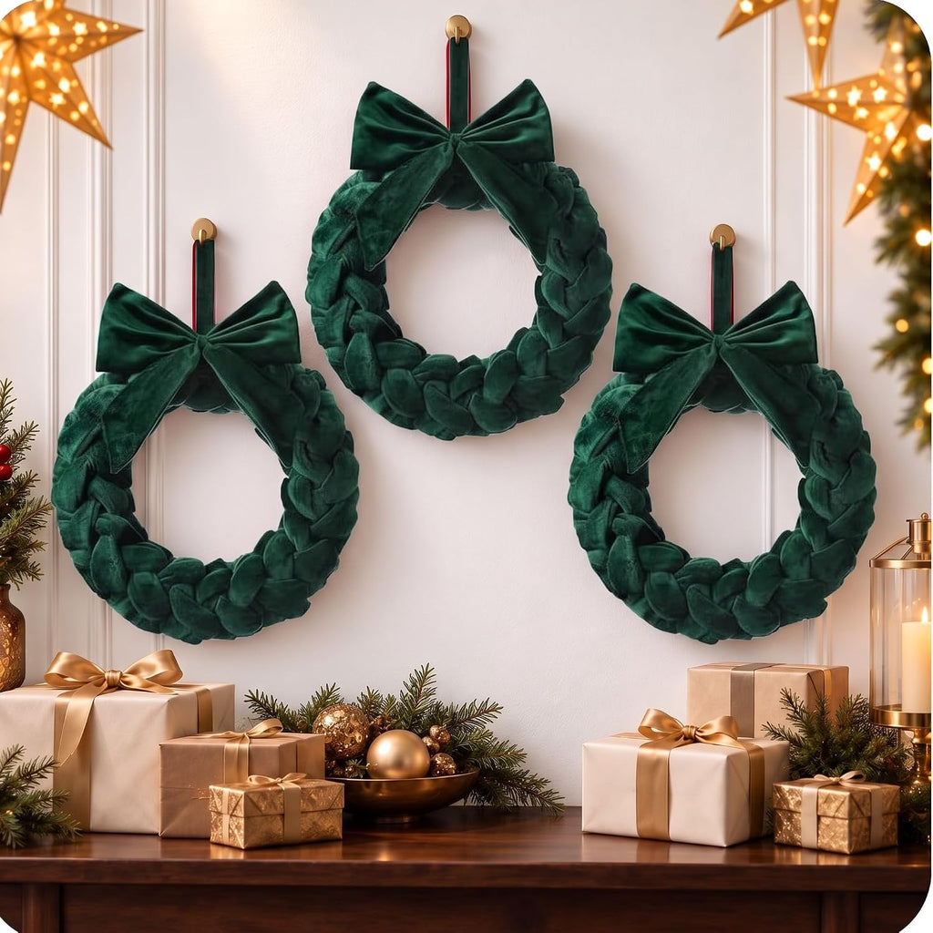 Soaoo 3 Christmas Velvet Wreaths 14" Christmas Wreaths for Front Door Velvet Ornament with Bow for Party Table Fireplaces Porch Walls New Year Home Decor(Green)