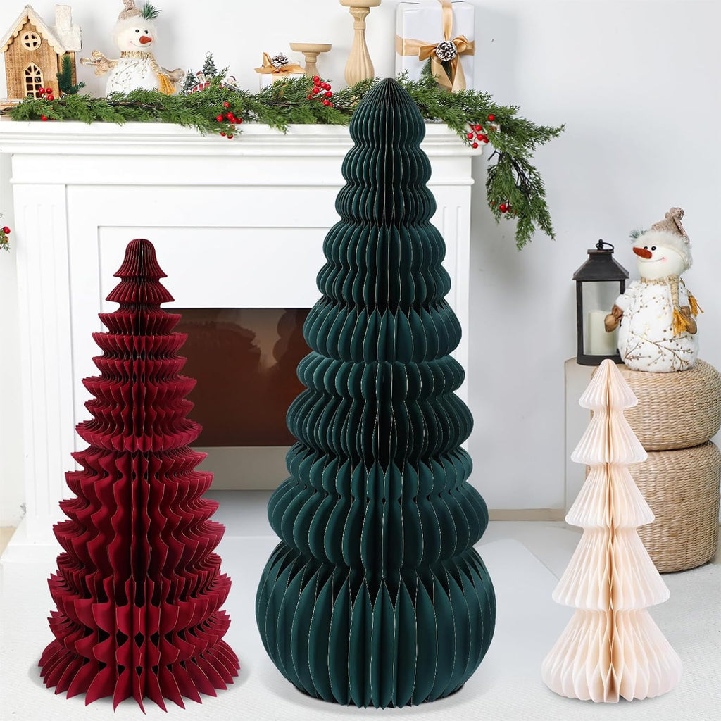 large honeycomb christmas tree,classic,green, red, white, side view