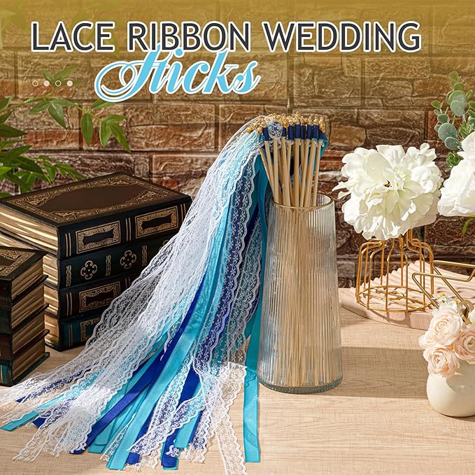 Taiyin 150 Pcs Lace Ribbon Stick Wands Wedding Wand Streamers with Bell Silk Ribbon Fairy Wand Wedding Send Off Streamer for Baby Shower Holiday Party Favors(Dark Blue,Light Blue)