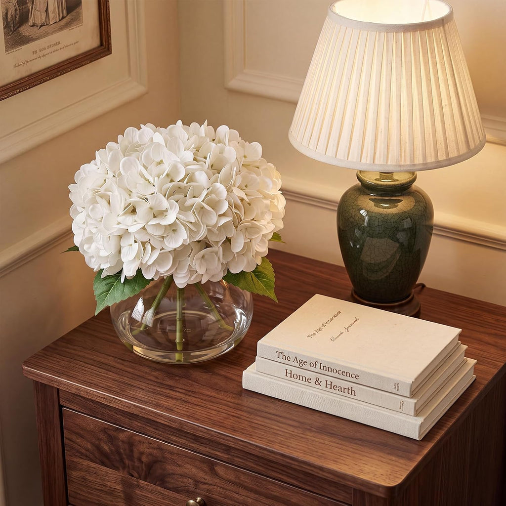 Real Touch Artificial Hydrangea in Vase,Premium Faux Flowers with Faux Water for Home Decoration,Coffee,Table,Wedding,White Fake Hydrangea with Vase for DIY Floral Arrangements
