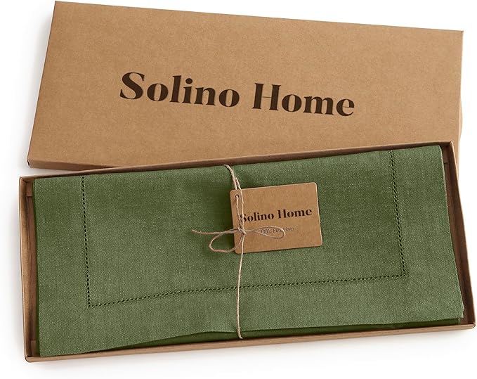 Solino Home Linen Table Runner 60 Inches - 100% Pure Linen Olive Hemstitch Table Runner 14 x 60 Inch Ideal for Dresser and Coffee Tables - Classic Hemstitch - Thanksgiving
