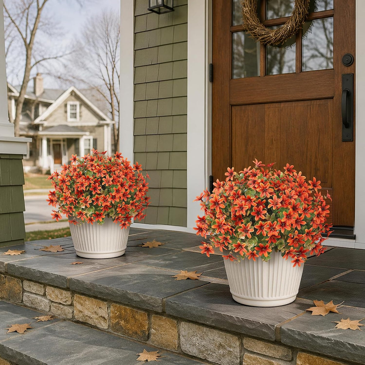 2 Set Fake Fall Eucalyptus＆Campanula Topiary Ball Tree for Porch(Orange)