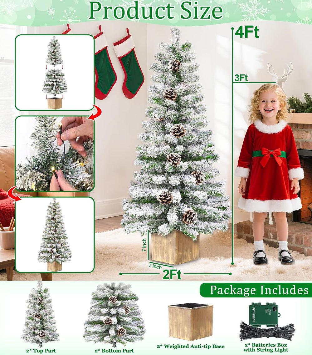 Outdoor Christmas Decor 2 Pack 4 Ft Snow Flocked Entrance Tree with Lights