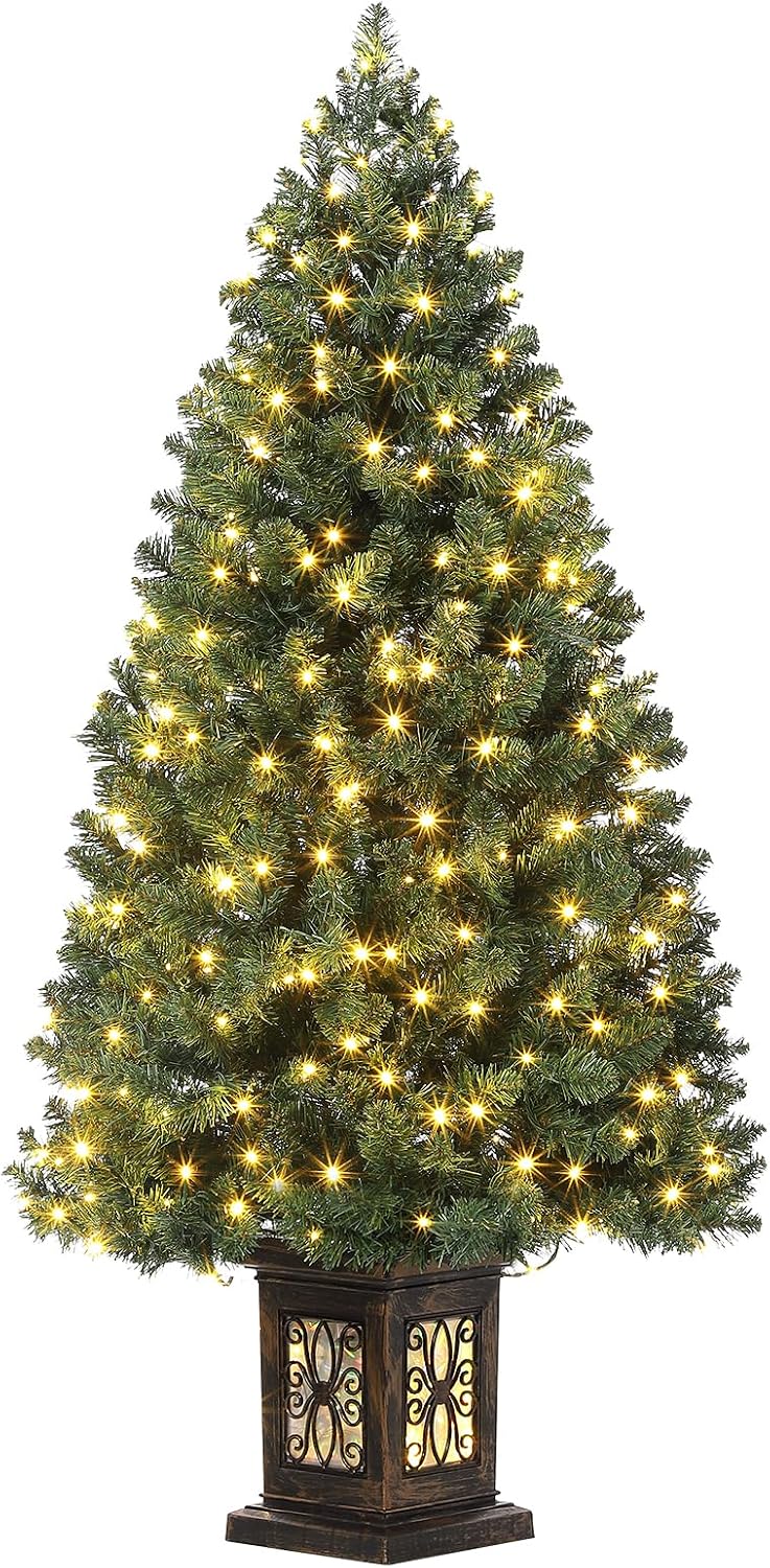 GarveeHome 4.5 Ft Artificial Fiber Optic Christmas Tree, Pre-Lit Artificial Potted Xmas Tree with 300 Led Lights, 8 Lighting Modes, Includes Antique Urn Base, 1 PCS