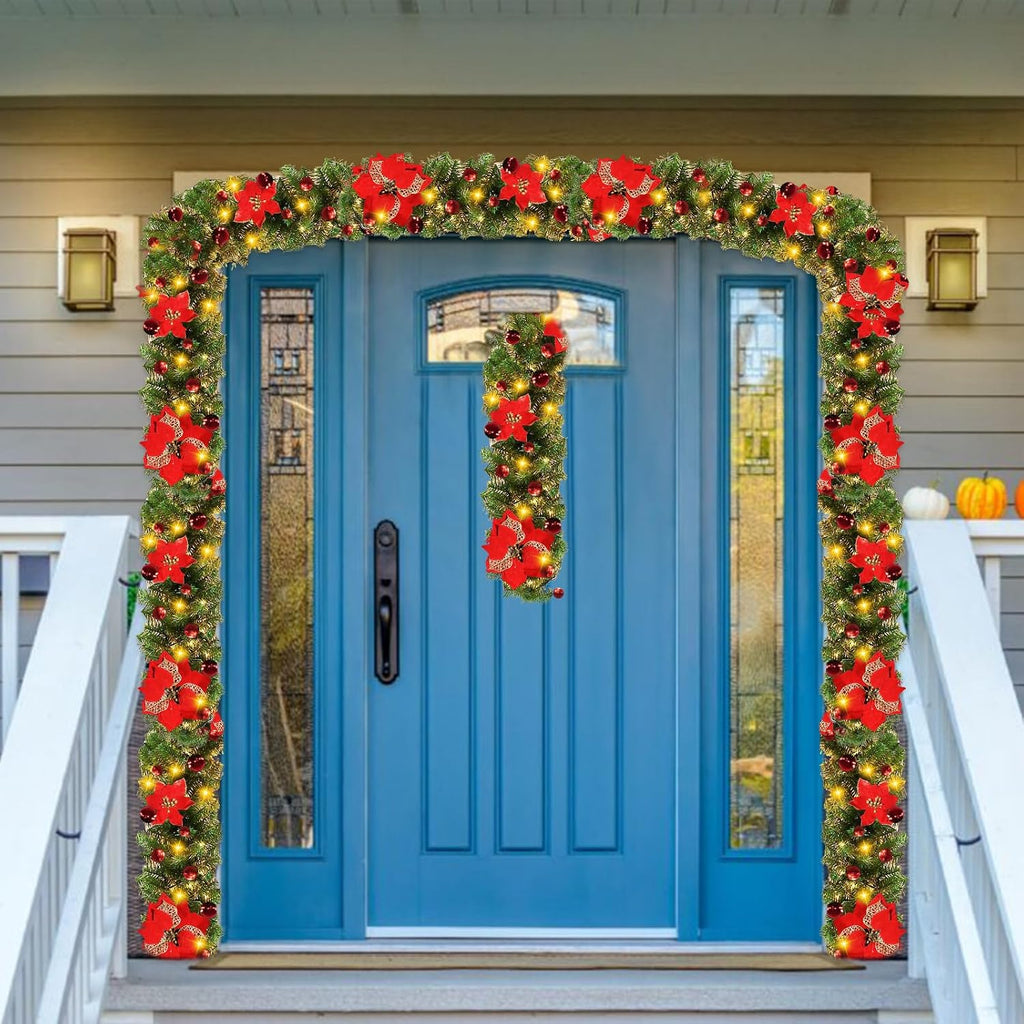 Christmas Garland, 8.8 ft Christmas Rattan Christmas Artificial Flower Vine Plants Indoor Outdoor Garden Fireplaces Stairs Door Christmas Garlands Decorations Battery Operated
