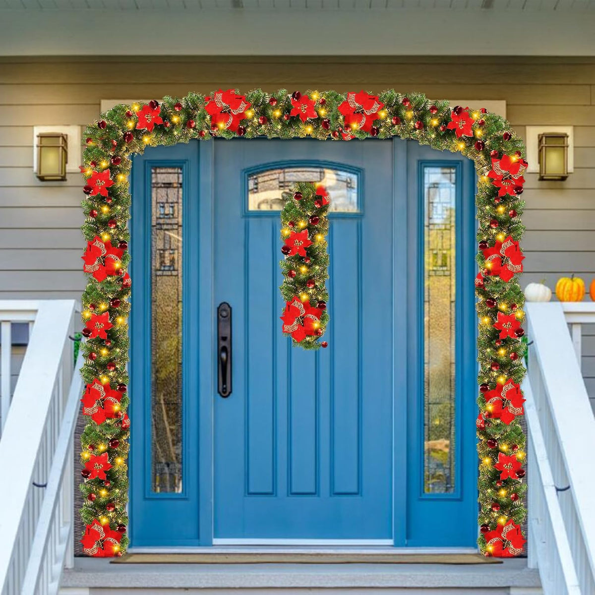 Christmas Garland, 8.8 ft Christmas Rattan Christmas Artificial Flower Vine Plants Indoor Outdoor Garden Fireplaces Stairs Door Christmas Garlands Decorations Battery Operated
