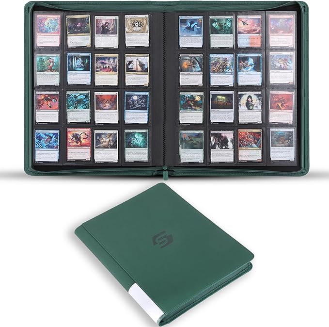 Snekdy premium 1024-pocket trading card binder, 16-pocket cards album, waterproof PU-leather Cover album with side loading, holds gaming, baseball, basketball & sports cards Green