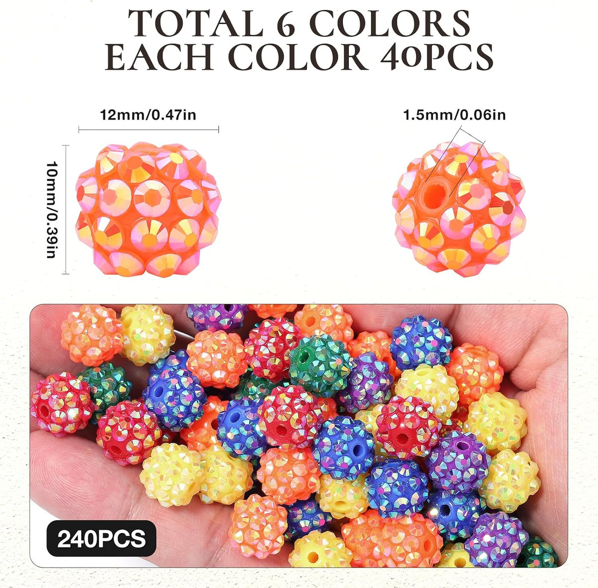 novani 240pcs 10mm rainbow rhinestone beads for jewelry, close-up detail