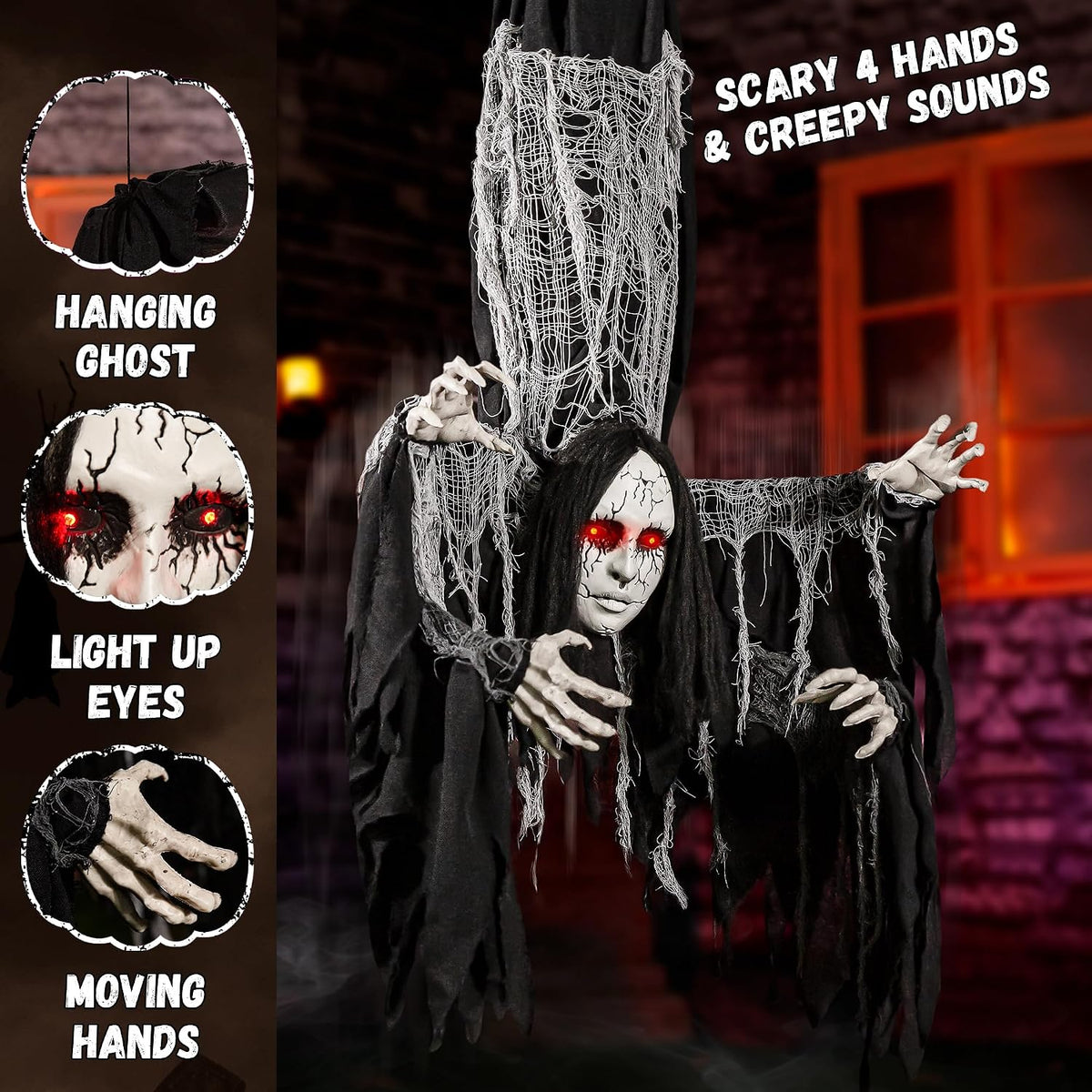 Halloween Animatronics Decorations Hanging Ghost with 4 Hands, 67'' Animated Spooky Zombie Ghosts with Creepy Sounds, Lighted Eyes, Scary Move, Haunted House Props Decor for Indoor Outdoor Yard Lawn