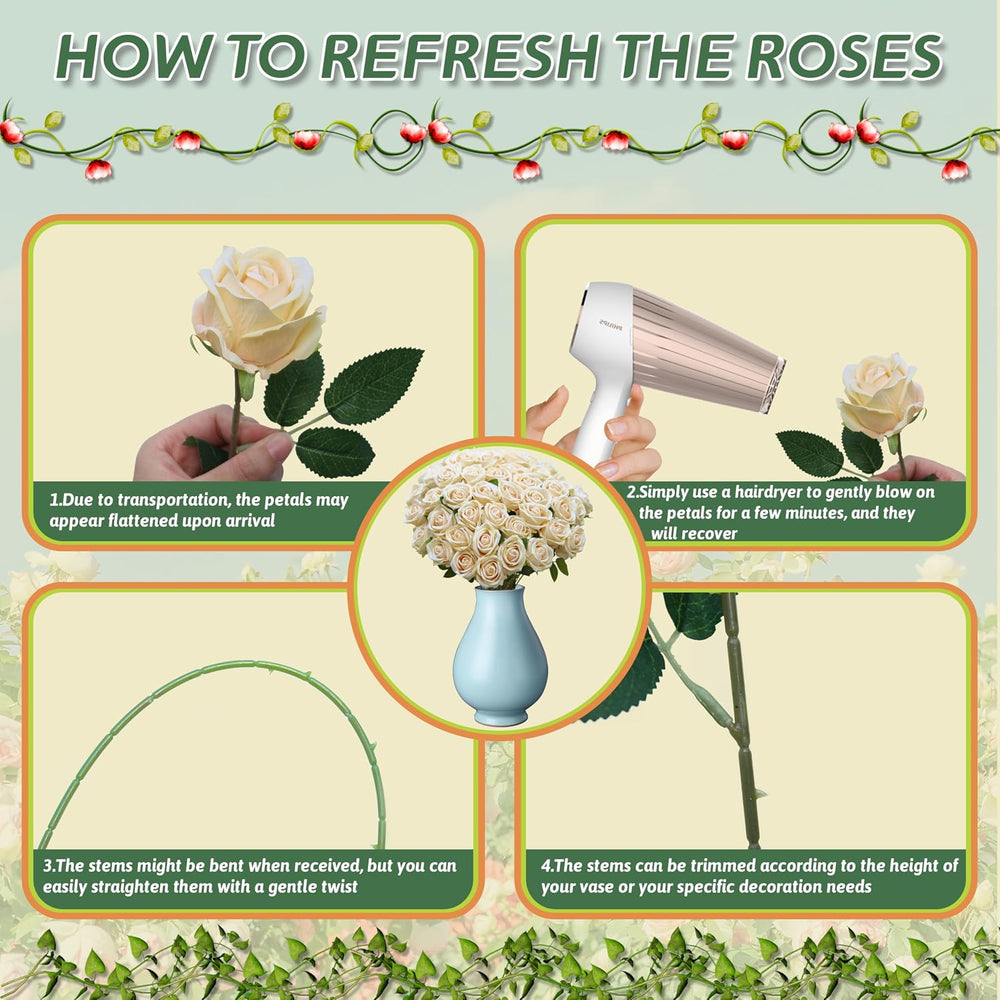 50PCS Artificial Champagne Roses Bulk Realistic Fake Flowers with Long Stem