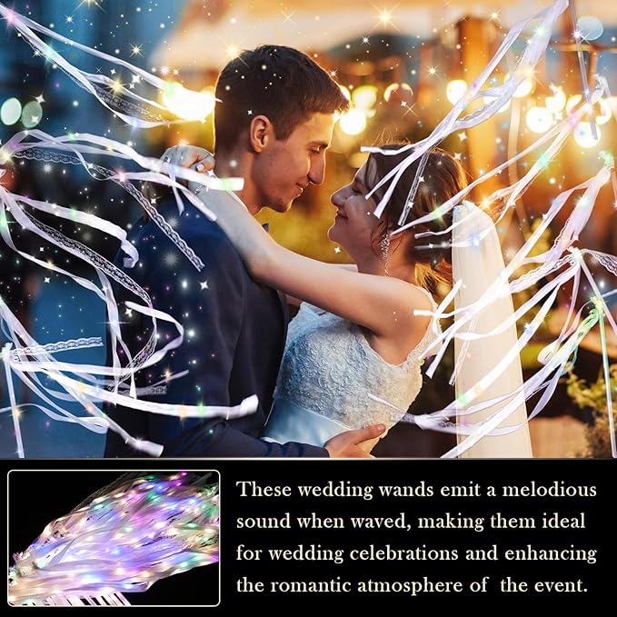100 Pieces Light up Wedding Wands with Ribbons & Bells –LED Silk Wedd Fairy Wands Streamers with Warm White & Colorful Lights for Wedding Send Off Ideas, Parties, and Celebrations