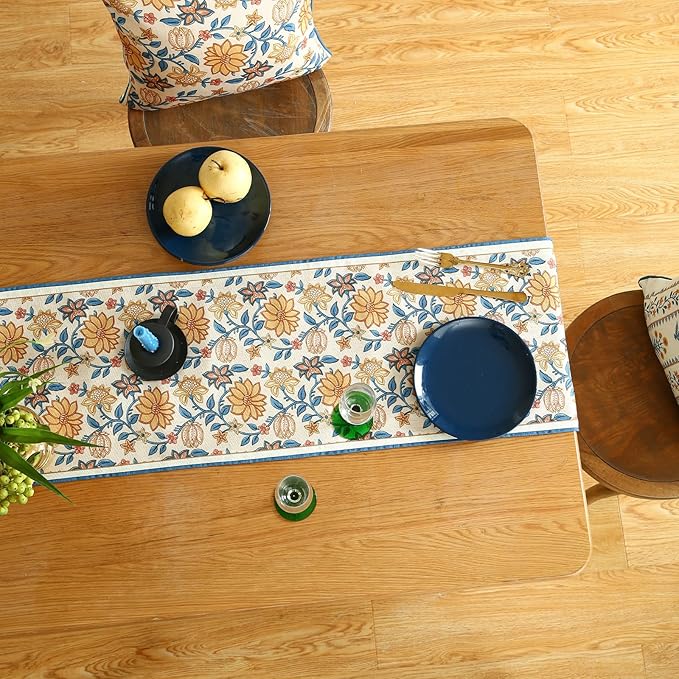 ISAENNE Designer Bohemian Elegant Linen Extra Long Table Runner 118 Inches,Floral Pattern Duable Decor Table Runners for Dining Tables,Thanksgiving,Kitchen Tables,Christmas,12"*118"-Estevan B