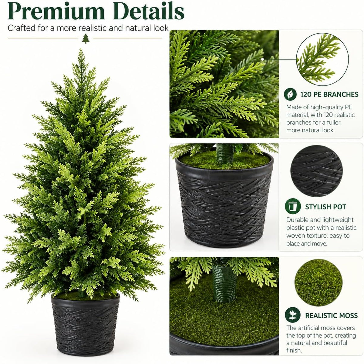 1 piece 3ft prelit cedar topiary christmas tree, close-up detail