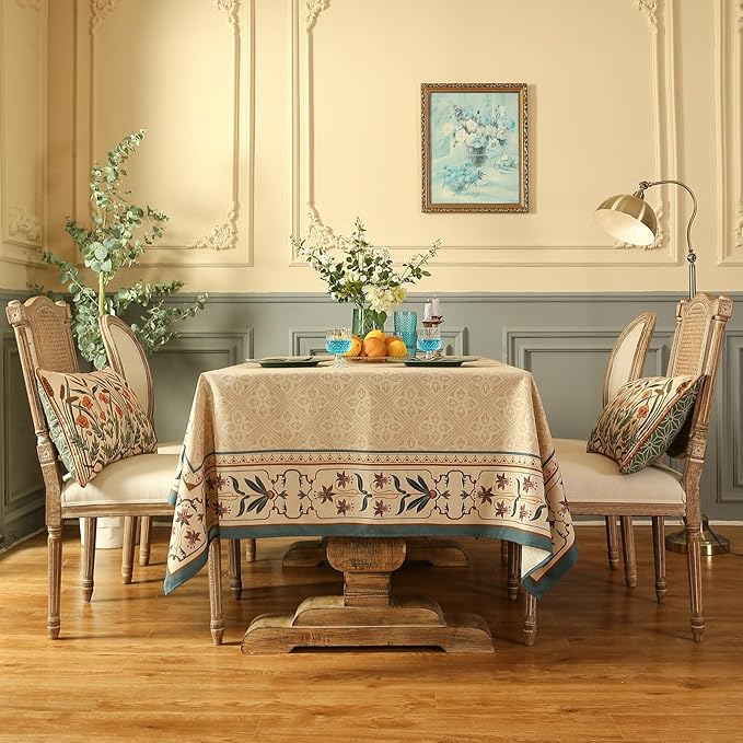 patdrea Designer French Rectangular Tablecloth,Beige Anti-Wrinkle Durable Floral Farmhouse Table Cloth,Decor Tables Covers for Kitchen Dining,Tea Party,Christmas,Thanksgiving,55"x79"-Fram