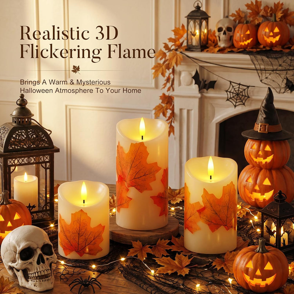 Raycare Maple Leaf Real Wax Flameless LED Pillar Candles with Timer Remote