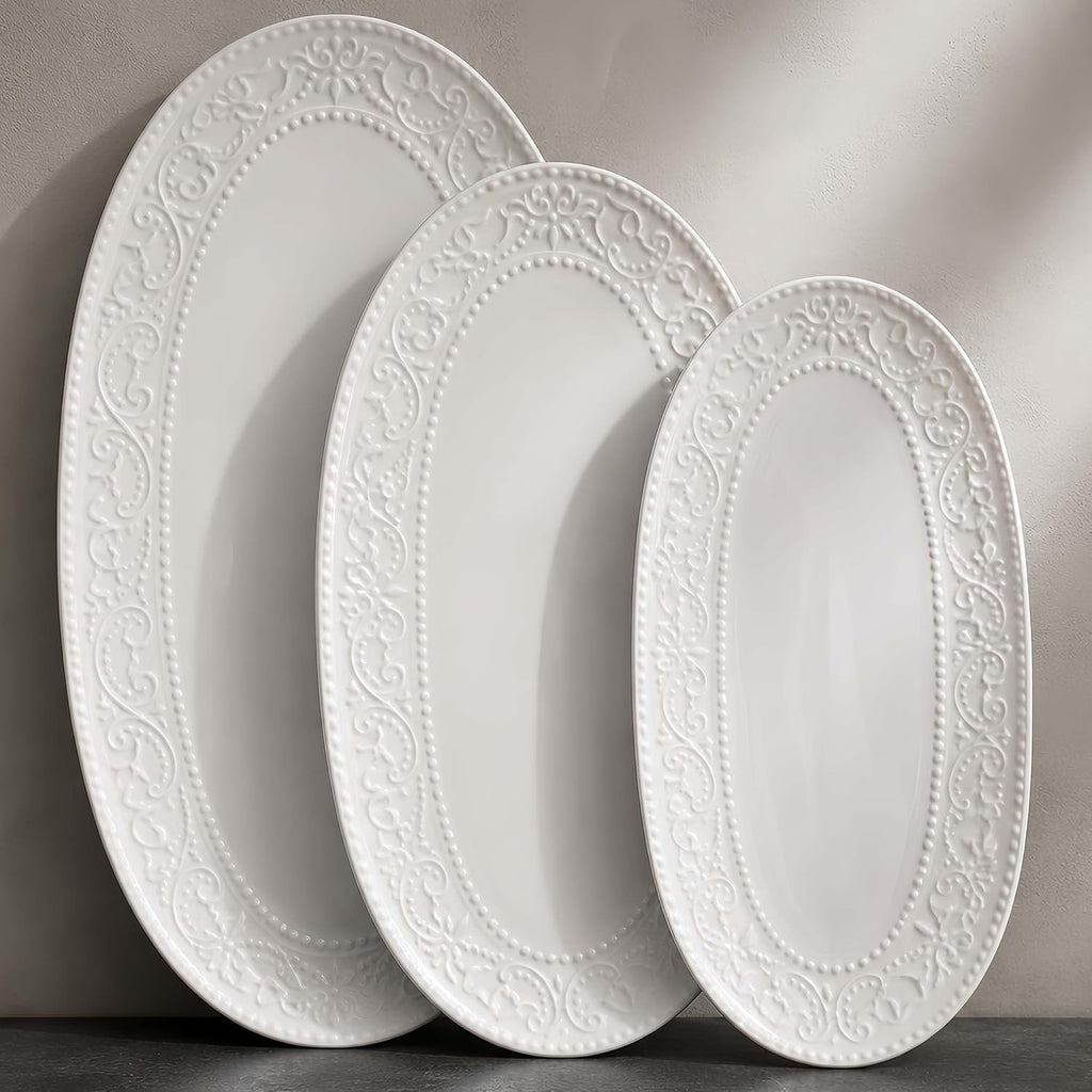 Oval Serving Platter, 14"/12"/10" Ceramic Serving Platters, Embossed White Serving Plates, Stackable Porcelain Tray for Appetizer, Dessert, Pasta, Sushi, Oven Dishwasher Safe, Set of 3, Family Dining