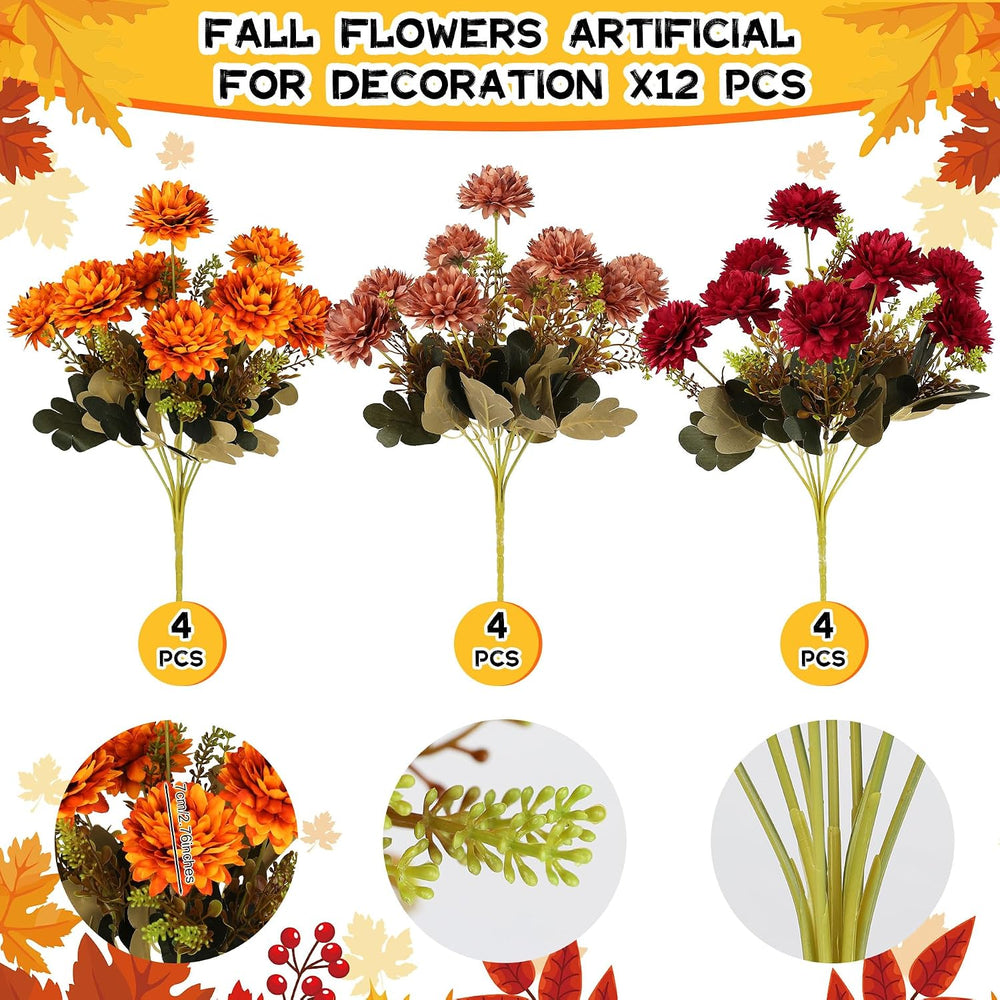 12 Pcs Fall Artificial Mums Flowers, Orange Burgundy Brown Faux Mums Bouquet ...