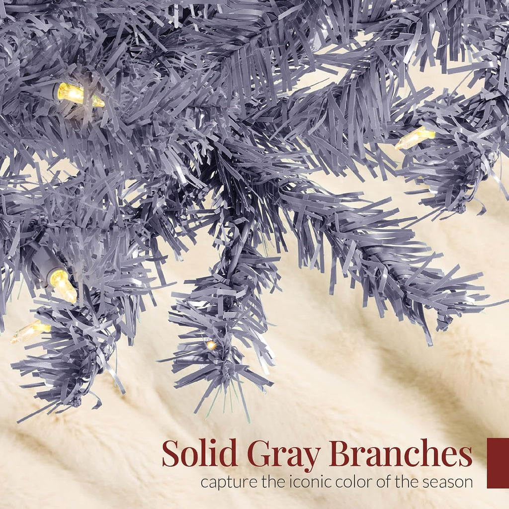 Best Choice Products 7.5ft Pre-Lit Charcoal Gray Christmas Tree, Full Artificial Holiday Decoration w/ 1,350 Branch Tips, 550 Lights, Foldable Base