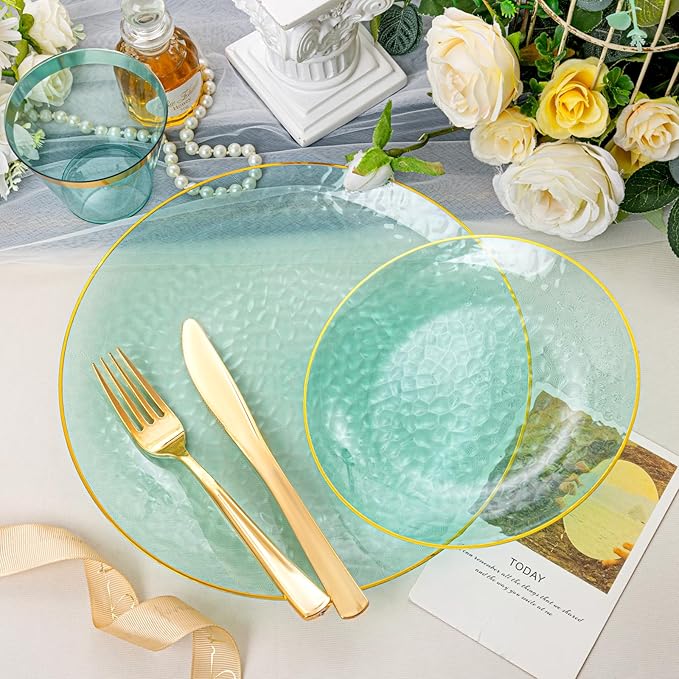Rubtlamp 175 Pcs Green Plastic Plates Dinnerware Set (25 Guests), Hammered Plates Sets, Green Plastic Party Plates Set include 50 Disposable Plates Set, 75 Gold Plastic Silverware, 25 Cups 25 Napkins