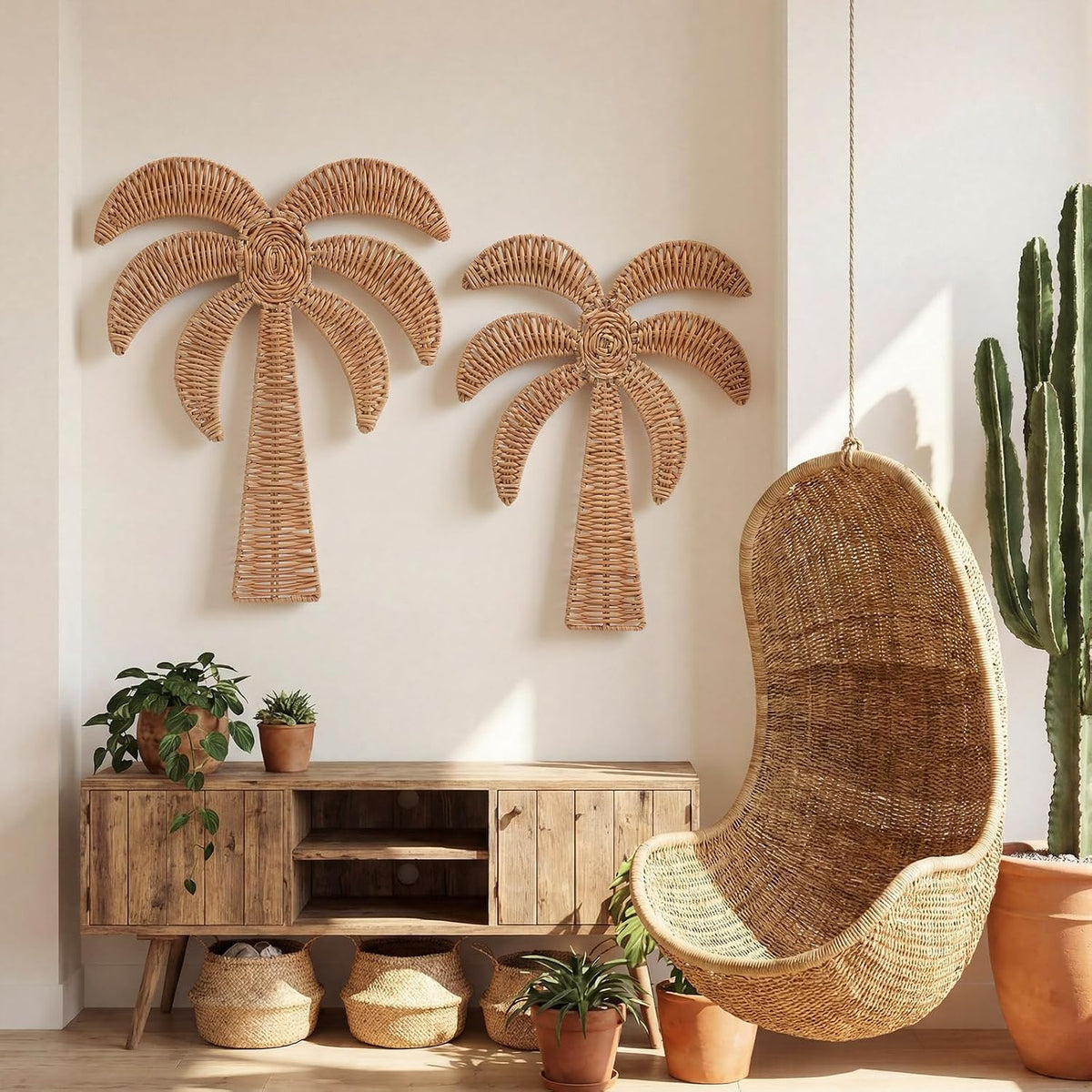 cinnvoice 2 pcs rattan palm tree wall decor shown in use