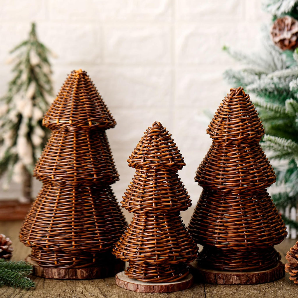 MiniInflat 3 Pcs Woven Rattan Christmas Tree Decor, Classic Weave, Brown