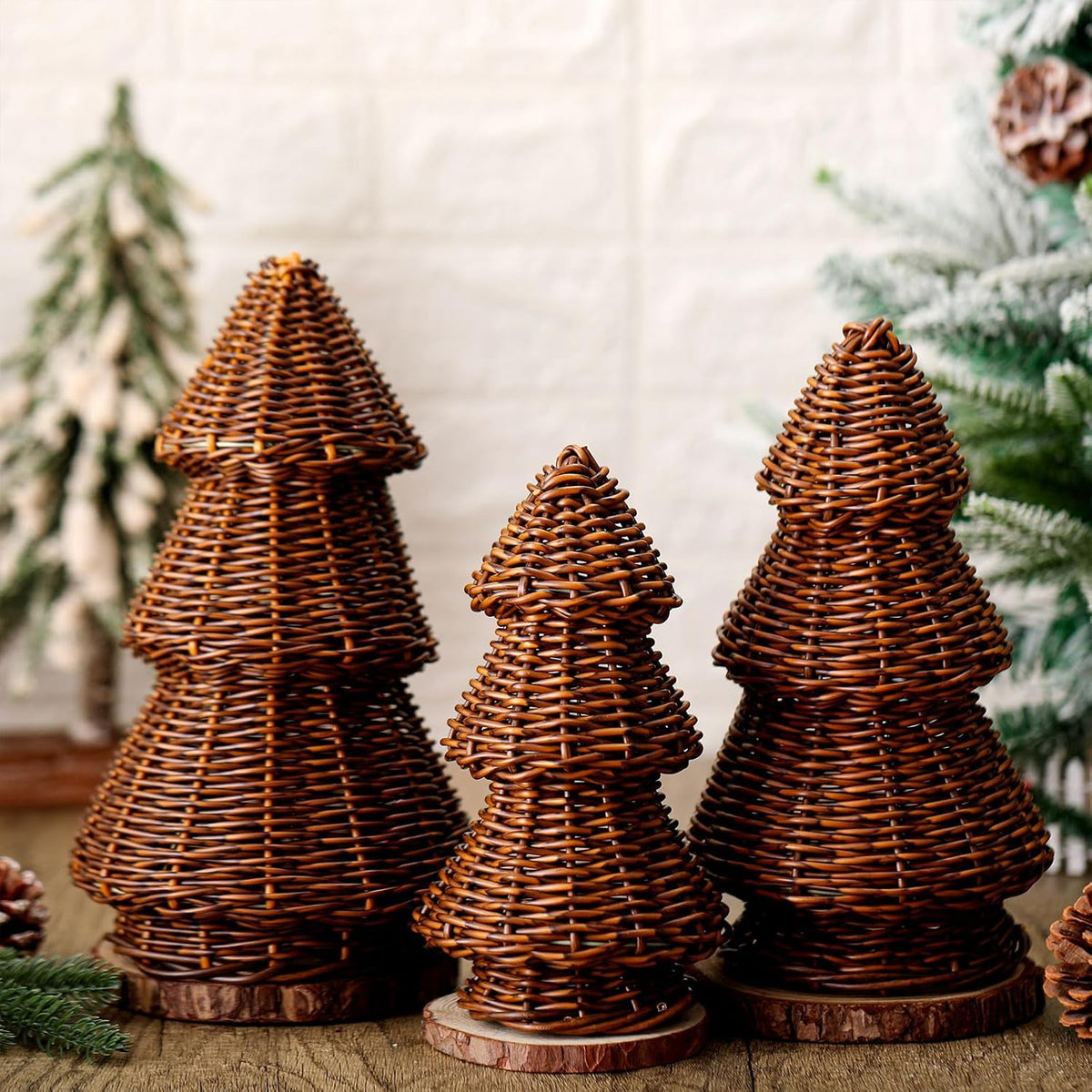 MiniInflat 3 Pcs Woven Rattan Christmas Tree Decor, Classic Weave, Brown