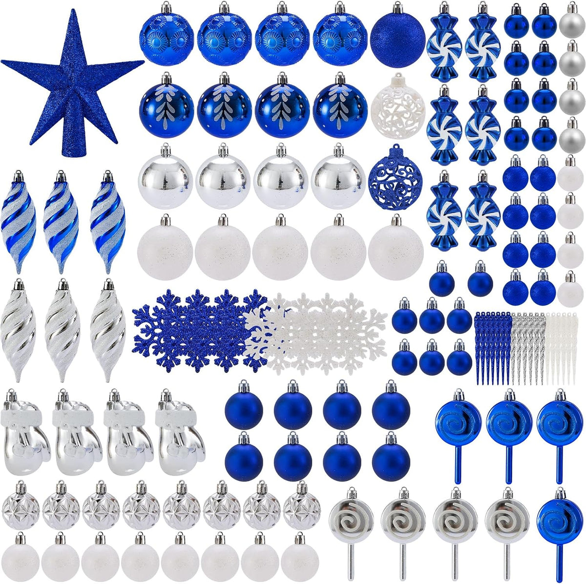 blue, silver & white christmas ball ornaments, shatterproof, close-up detail