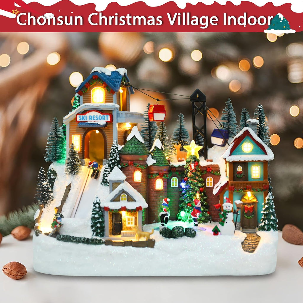 Christmas Village House 10.2 Inch Christmas Decorations Skiing Skating Cable Car Village People USB Holiday Music Town Indoor Lighted Houses for Room Tabletop Xmas Decor