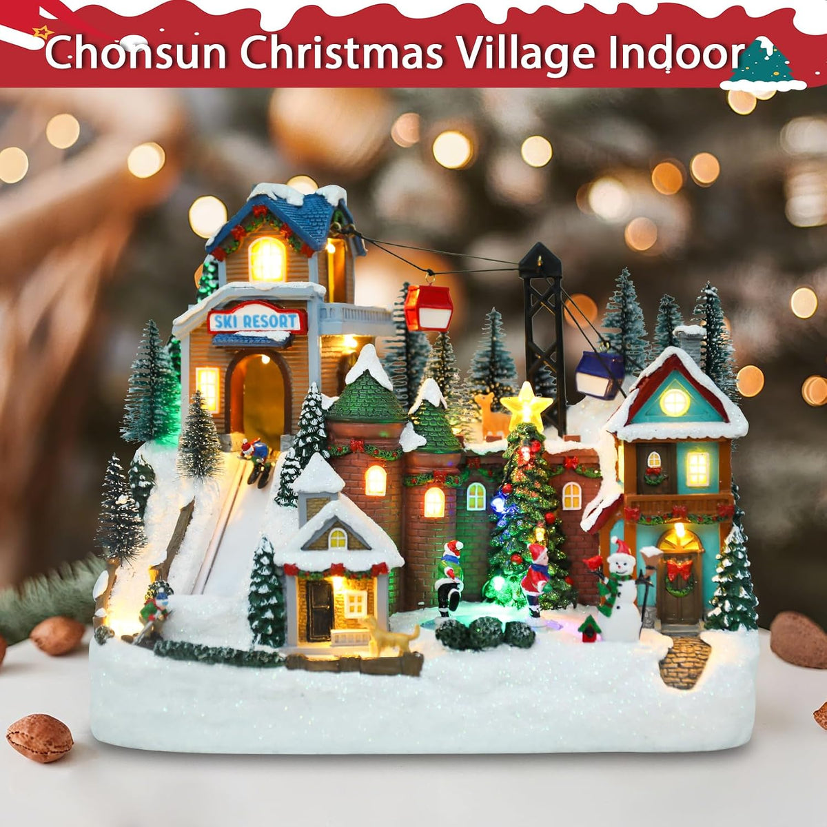 Christmas Village House 10.2 Inch Christmas Decorations Skiing Skating Cable Car Village People USB Holiday Music Town Indoor Lighted Houses for Room Tabletop Xmas Decor