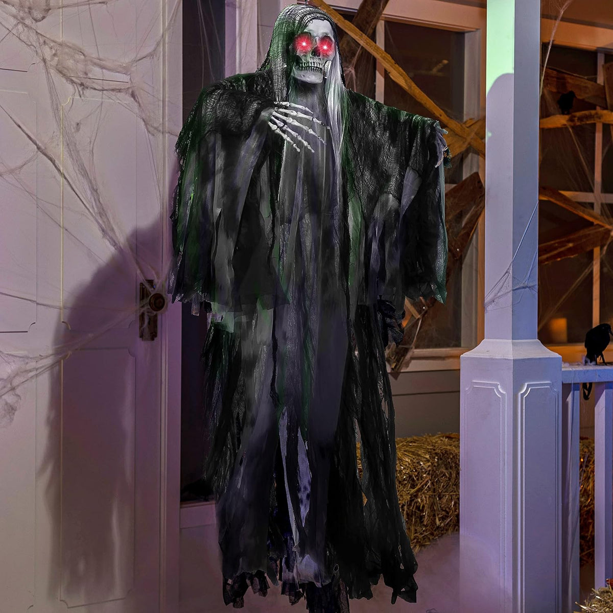 JOYIN Halloween Animated Hanging Grim Reaper Outdoor Decorations with Voice Control Glowing Eyes and Creepy Sound, Halloween Decoration for Haunted House Prop Graveyard Lawn Indoor Party Supplies