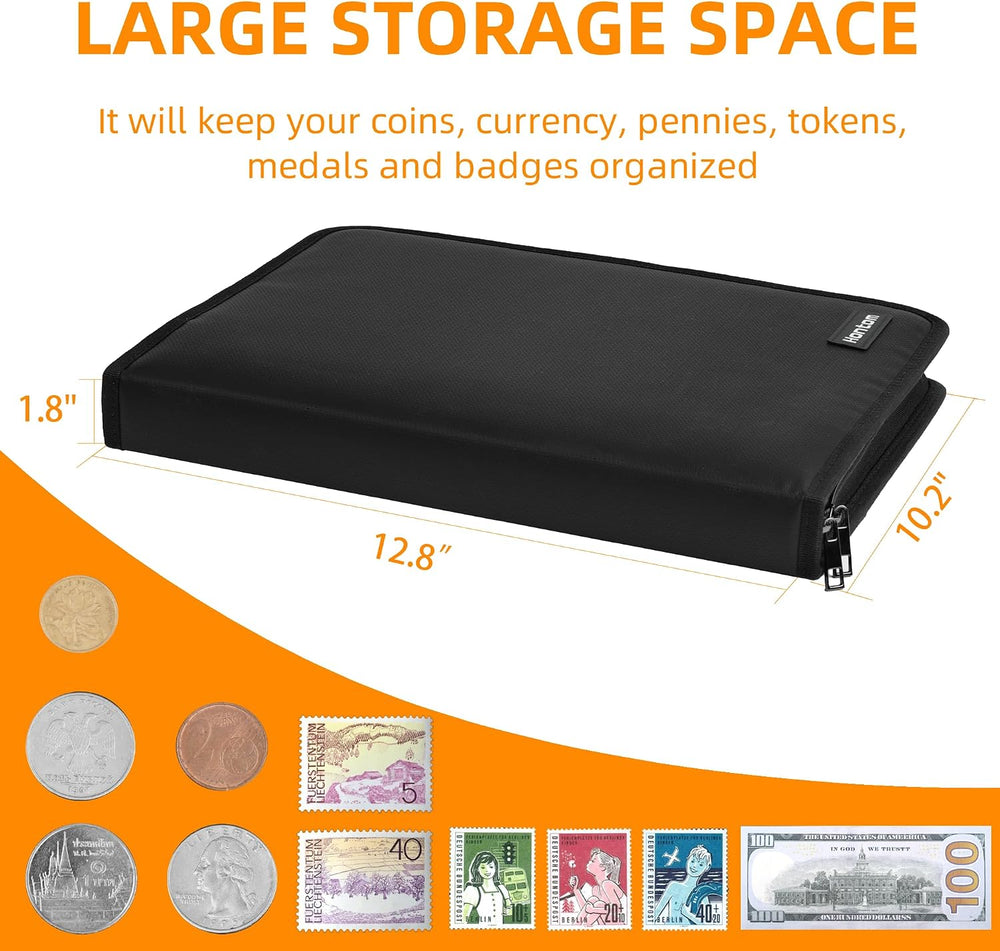 400 Pockets Fireproof Coin Collection Book &36 Paper Money Organizer Binder