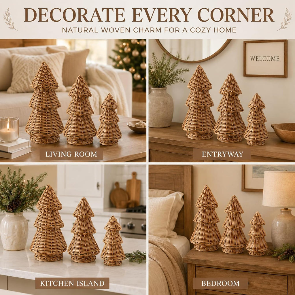 MiniInflat 3 Pcs Woven Rattan Christmas Tree Decor, Classic Weave, Burlywood